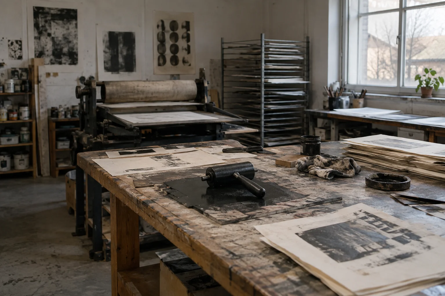 Ink rollers, paper offcuts, and drying prints in a working studio