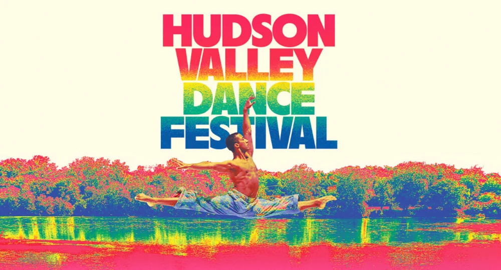 Hudson Valley Dance Festival 2026 artwork: a dancer leaps above a vividly colored Hudson River landscape